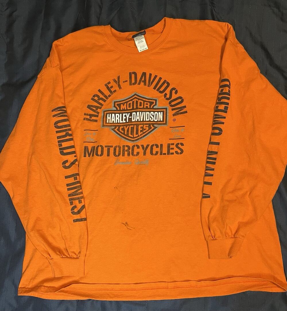 Harley Davidson XXXL Long Sleeve Shirt Mens Sleeve Hits V Twin Powered Orange